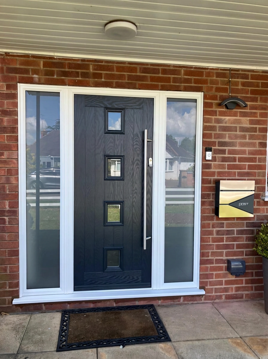Contemporary dark composite front door with glazed side panels